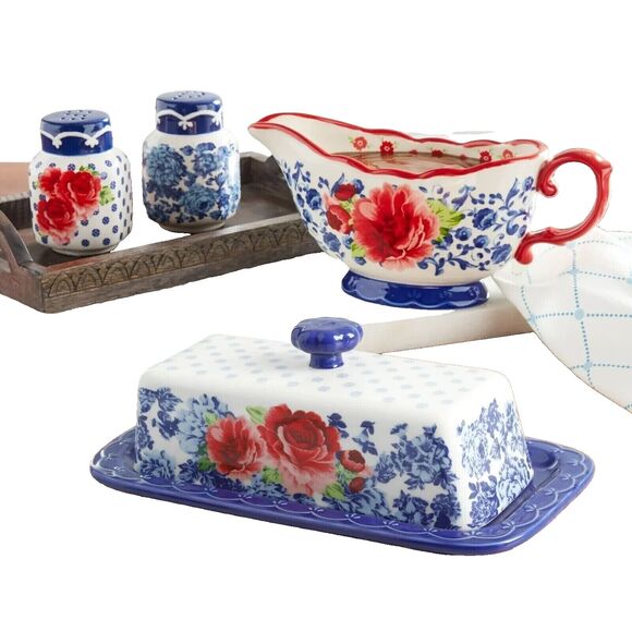 Pioneer Woman Frontier Rose Butter Dish with Lid Gravy Boat Salt and Pepper Set - Picture 1 of 7
